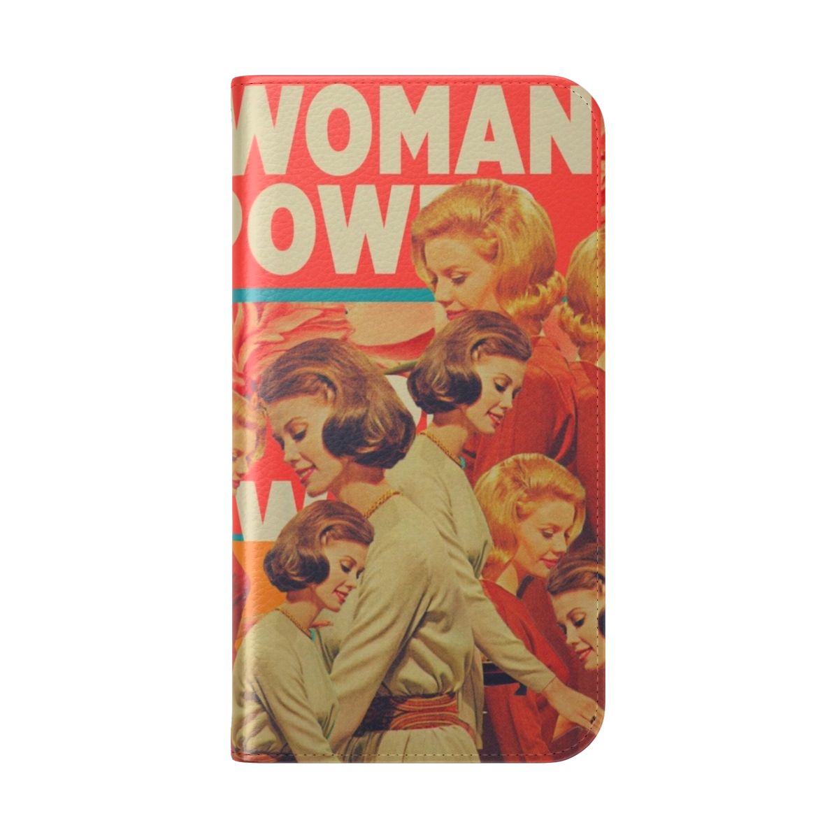 Vintage collage-style phone case in vibrant colors with a retro art design, featuring a woman's portrait. - Folded Back