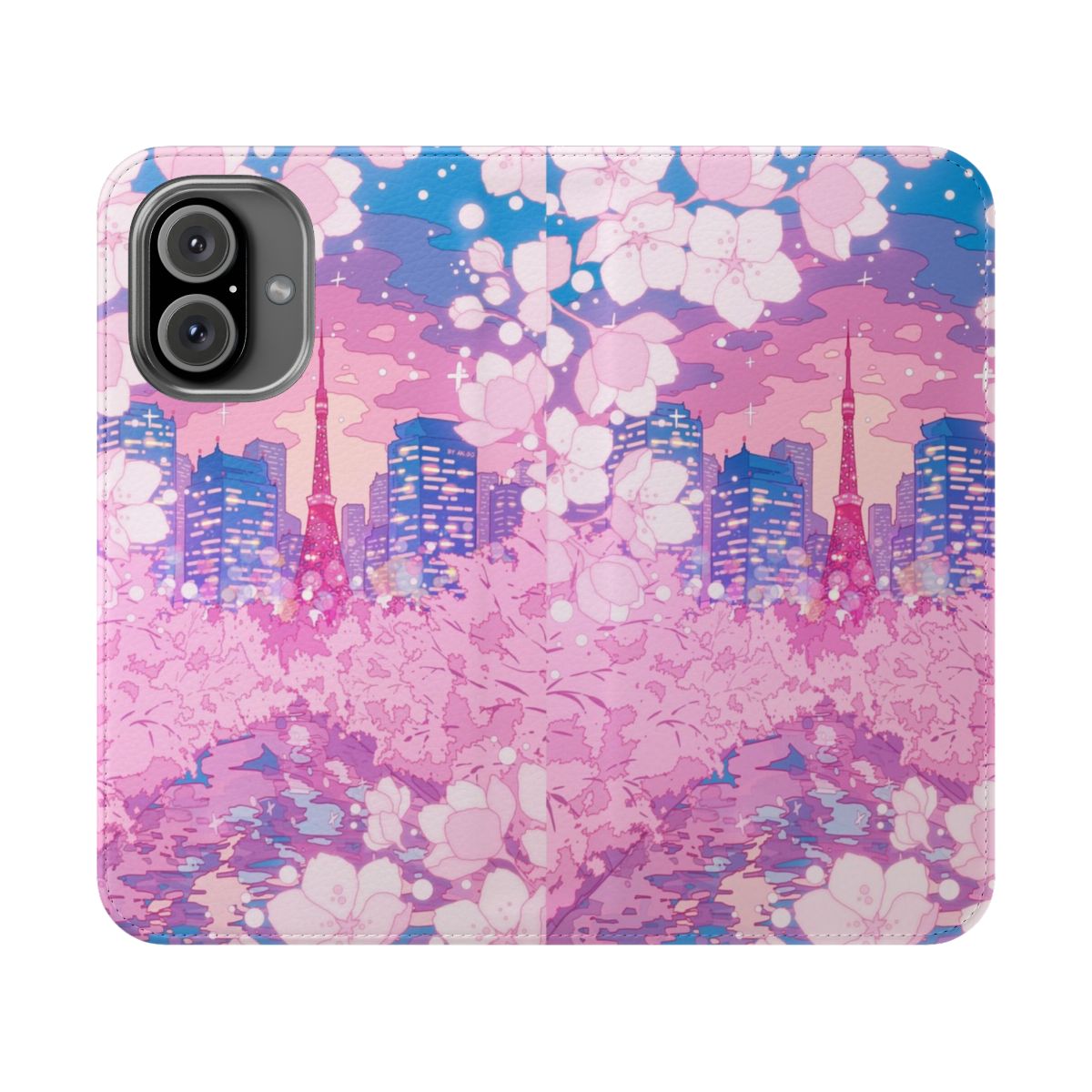 Anime-inspired flip cover phone case featuring a scenic night view of Tokyo's cityscape with a lake and cherry blossoms