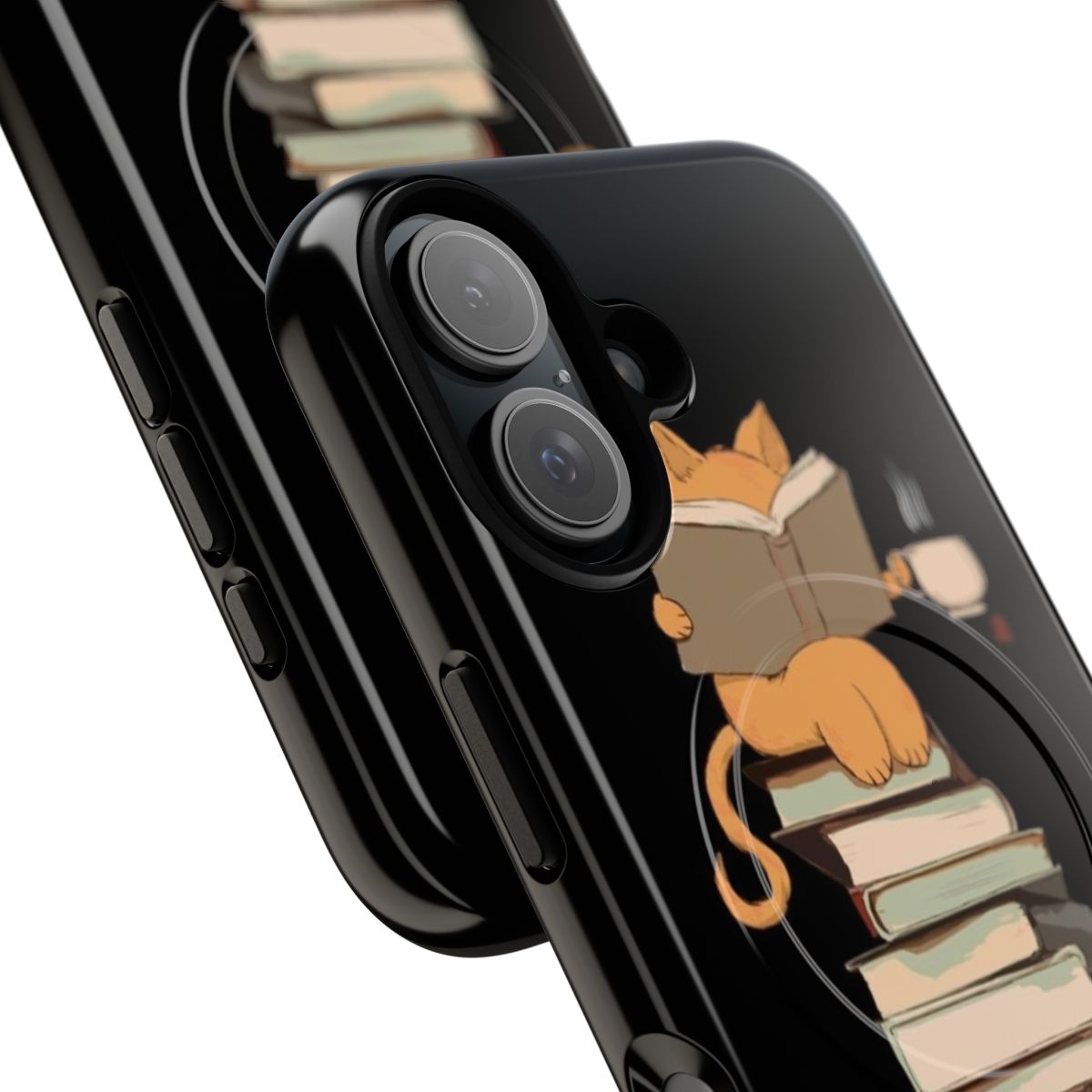 Magnetic phone case featuring illustrations of kittens, cats, tea, and books. - Detail