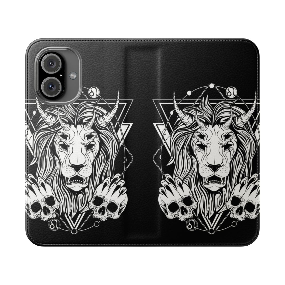 Dark Art Zodiac Leo Flip Cover Phone Case featuring a fierce lion with horns, skulls, and a monstrous design