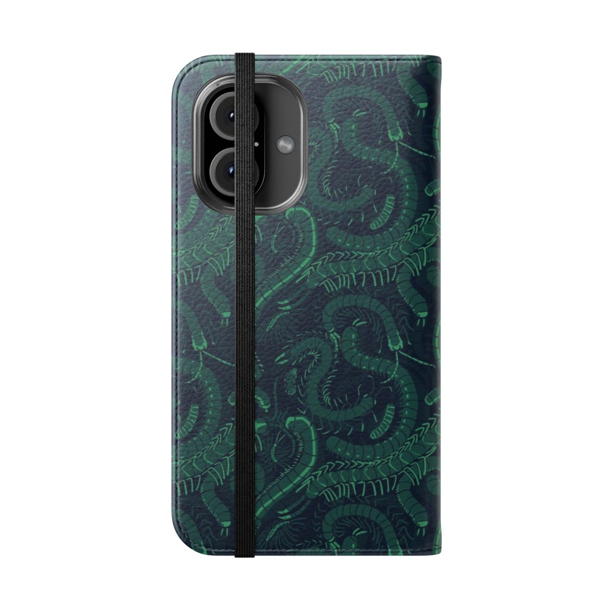 A green flip phone case featuring a vibrant myriapod pattern, perfect for nature-lovers. - Folded Front