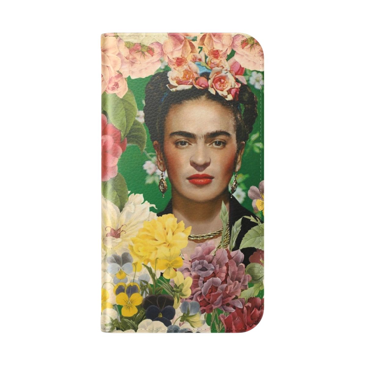 Colorful flip cover phone case featuring a design inspired by the iconic Mexican artist Frida Kahlo and her floral garden. - Folded Back