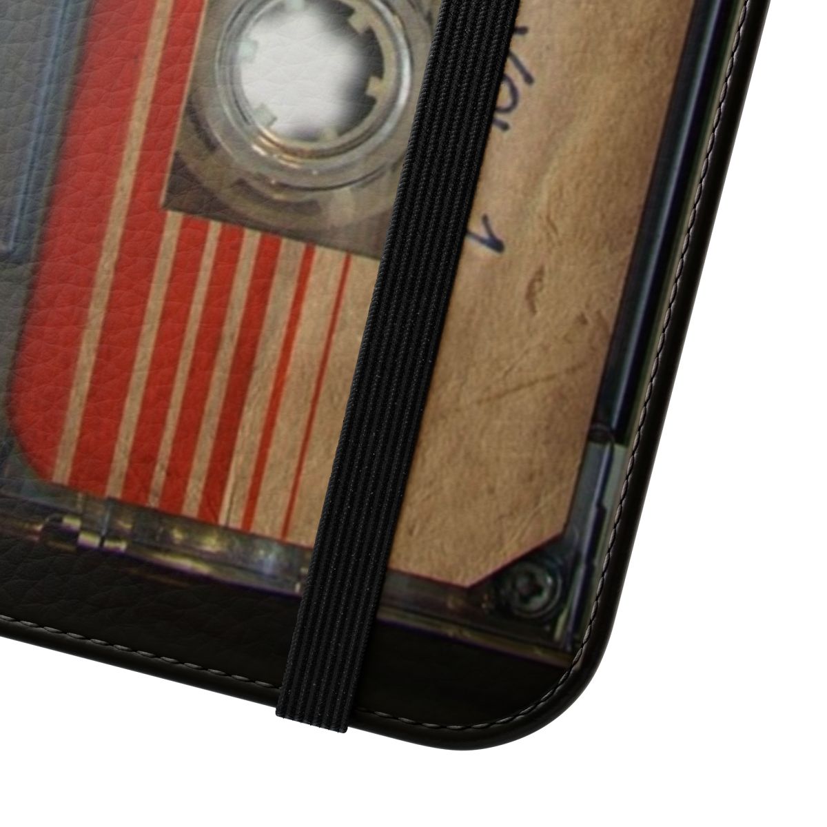 Retro-styled flip cover phone case with Guardians of the Galaxy "Awesome Mix" cassette tape design - Close Up