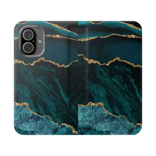 A blue and teal marble-patterned flip phone case with a sleek, minimalist design.