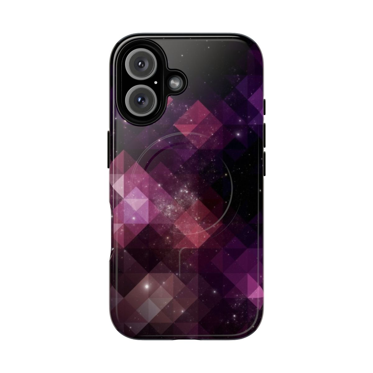 Colorful geometric pattern phone case with space-themed design