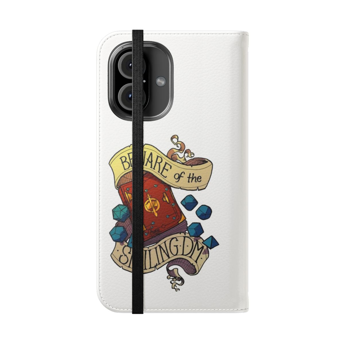 Flip cover phone case with a smiling dungeon master design, perfect for D&D fans. - Folded Front