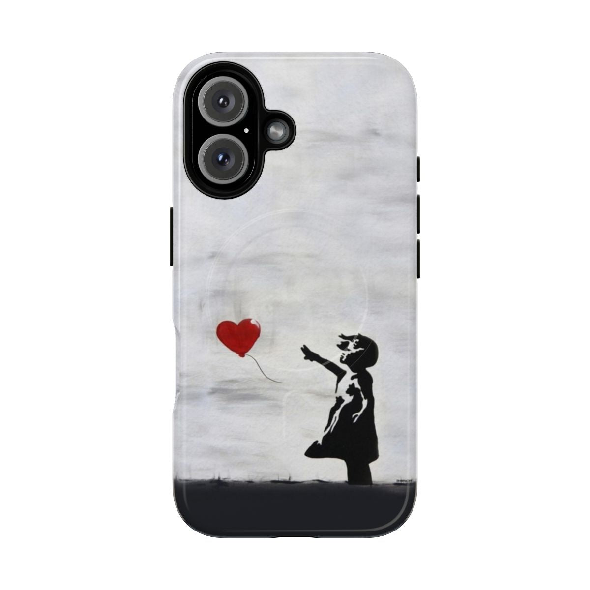 Banksy-inspired graffiti art featuring a girl with a heart balloon, printed on a high-quality phone case.