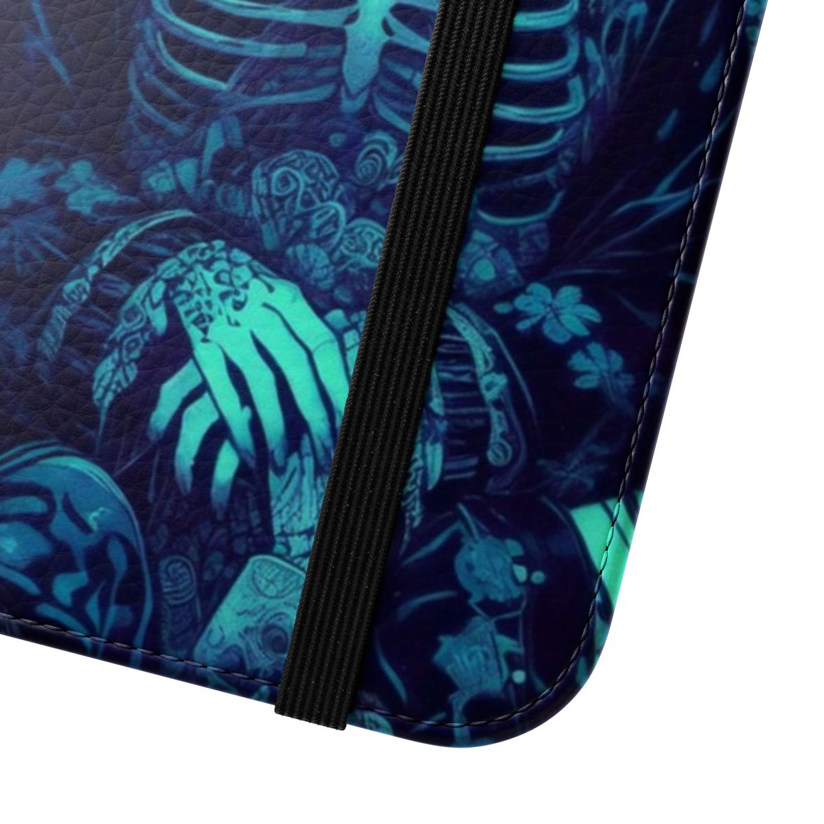 Artistic phone case with blue skeletal figure and haunting rainy night scene, representing the Guardians of Memory. - Close Up