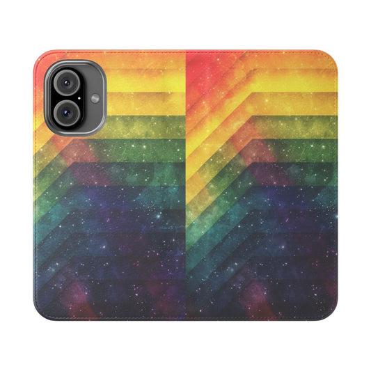 Colourful abstract and space-inspired design on a flip phone case