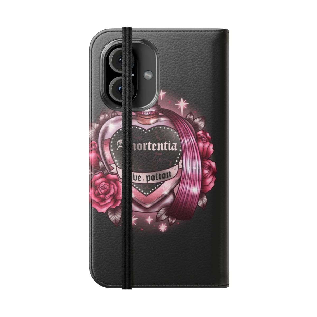 Magical potion love-themed flip cover phone case with roses and gothic design - Folded Front