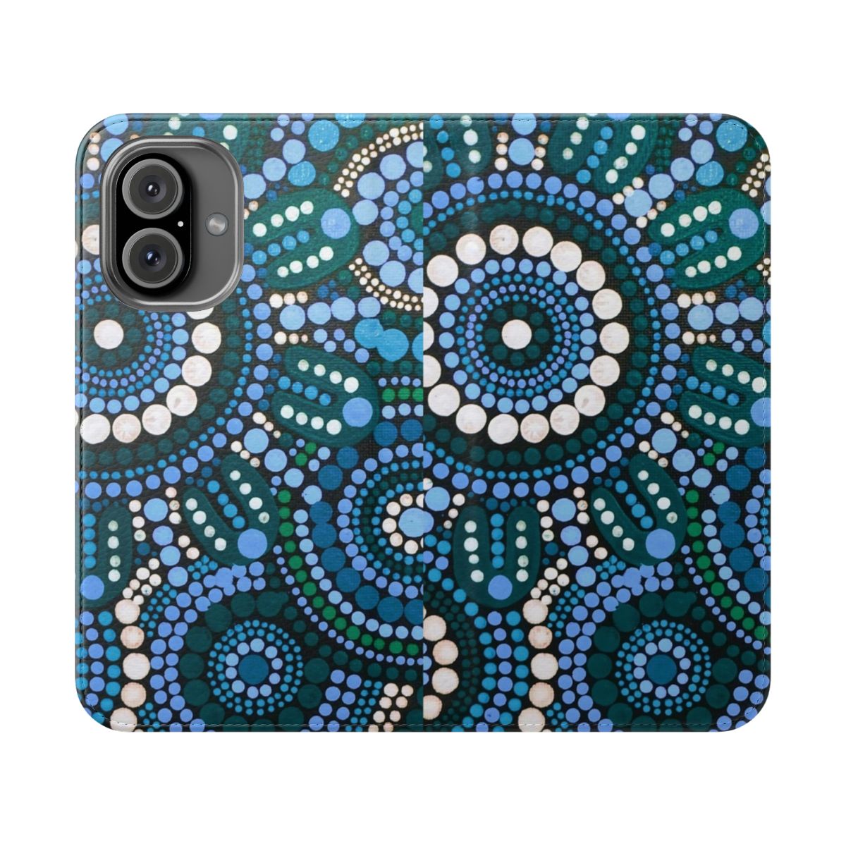 Turquoise blue patterned flip cover phone case inspired by Australian aboriginal art