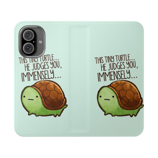 Flip cover phone case featuring a cute, green turtle design