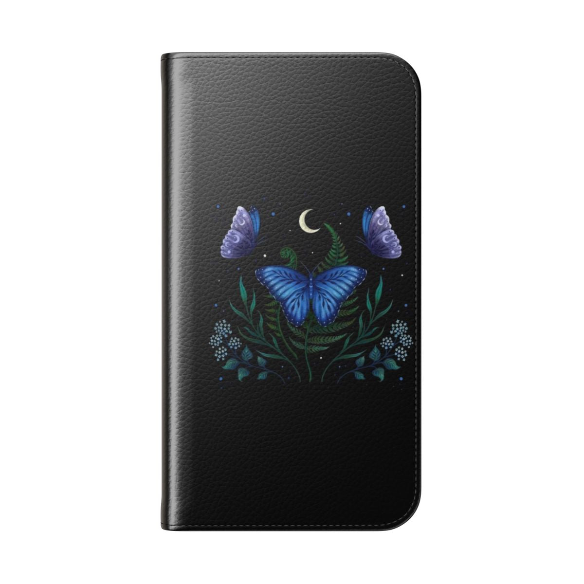 A blue morpho butterfly phone case featuring a flip cover design for night garden enthusiasts. - Folded Back