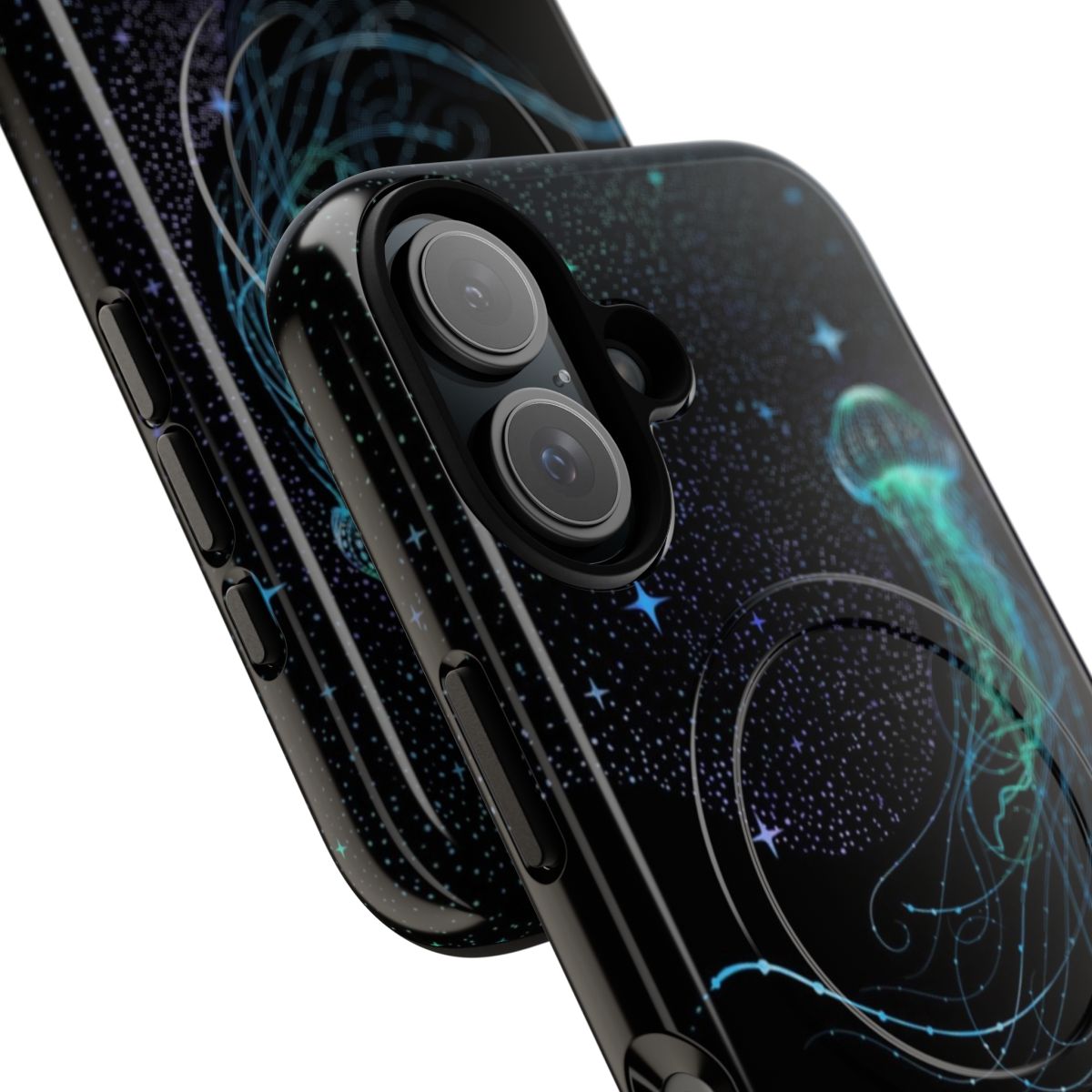 Artistic phone case featuring a colorful, starry jellyfish design on a black background. - Detail