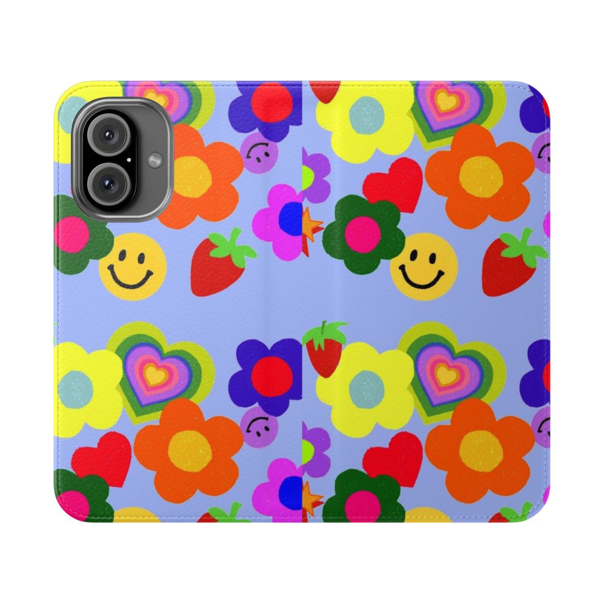 Vibrant floral and smiley print on a flip cover phone case in a fun, nostalgic kidcore style