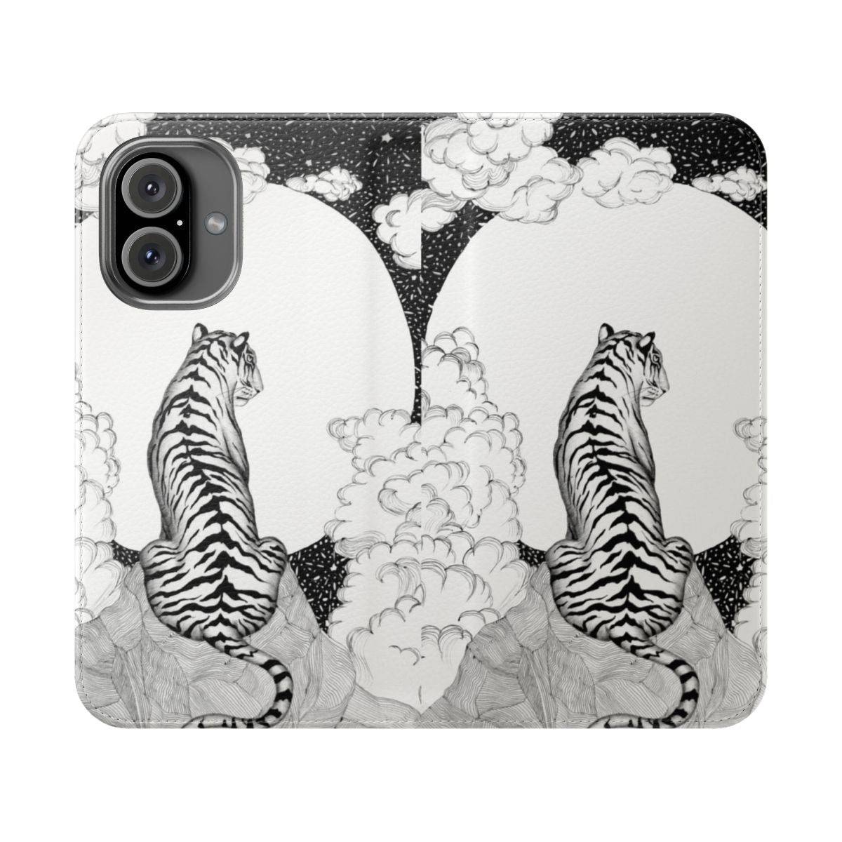 A striking black and white ink drawing of a tiger and moon on a flip cover phone case