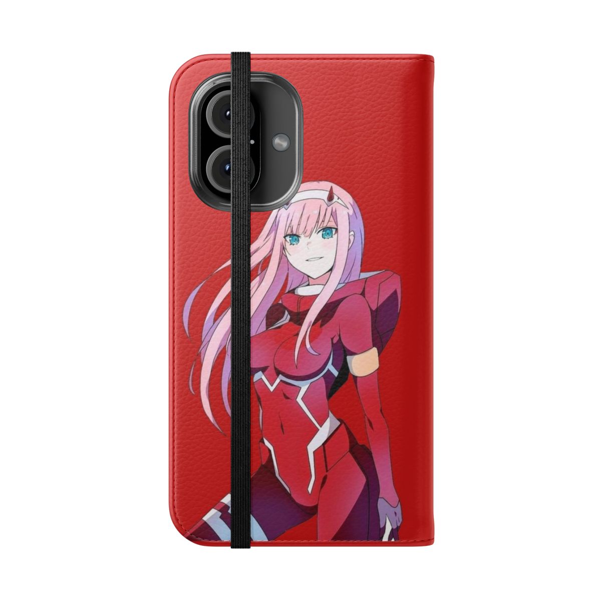 Anime-inspired flip cover phone case featuring the character Zero Two from the anime series Darling in the Franxx - Folded Front