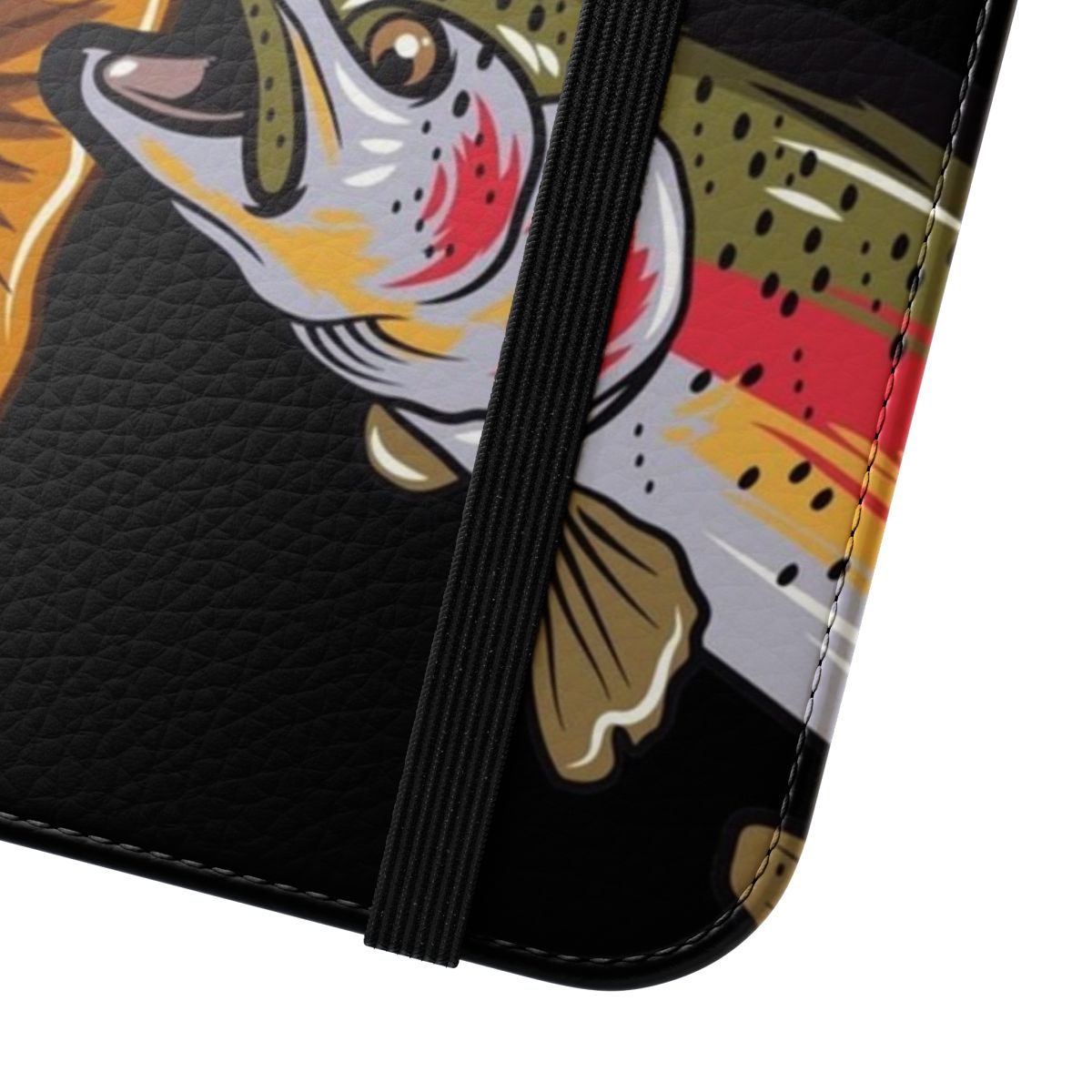 Vibrant flip cover phone case with a detailed trout illustration for fly fishing and trout fishing enthusiasts. - Close Up