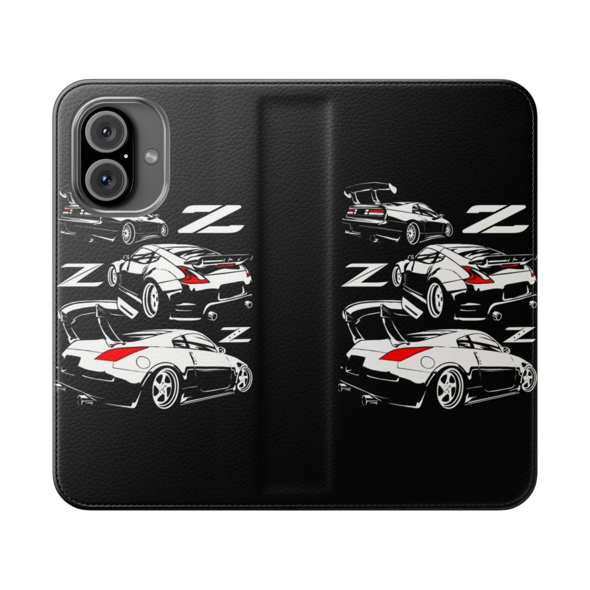 Flip cover phone case featuring sleek design and Nissan Z-series car silhouette