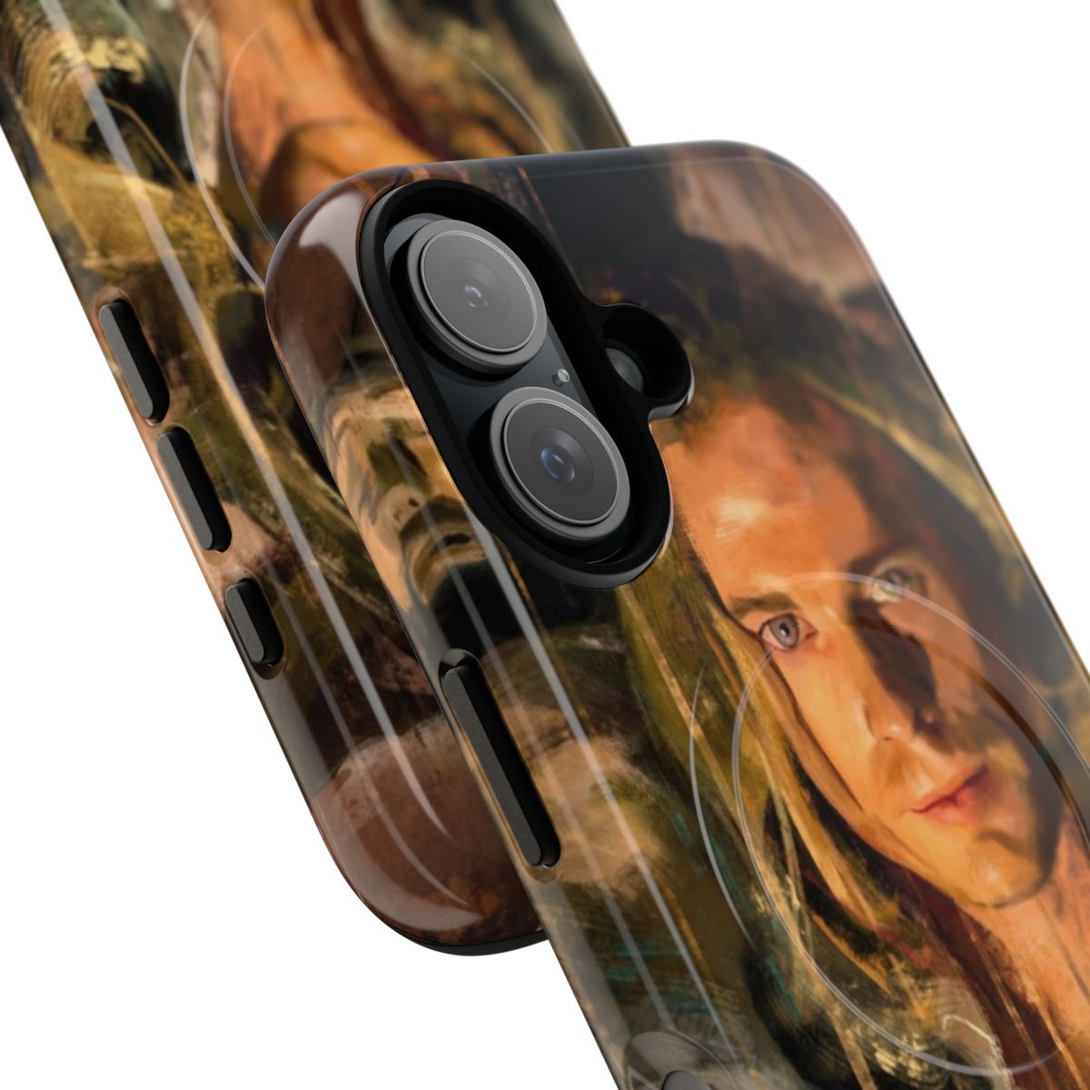 Magnetic tough phone case with a portrait graphic featuring a blond, light-eyed figure with a halo. - Detail