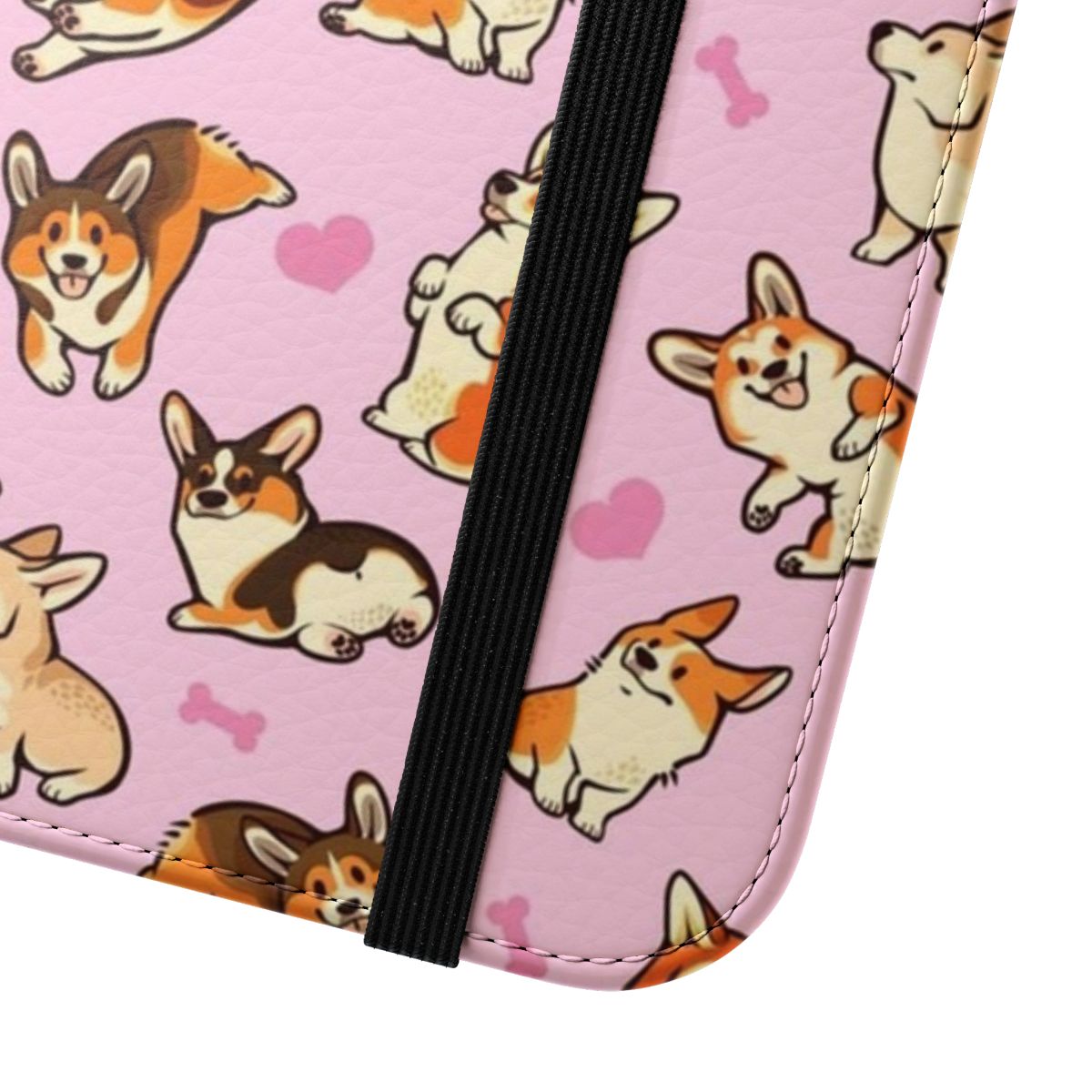 A pink phone case featuring a cute pattern of Pembroke Welsh Corgis. - Close Up