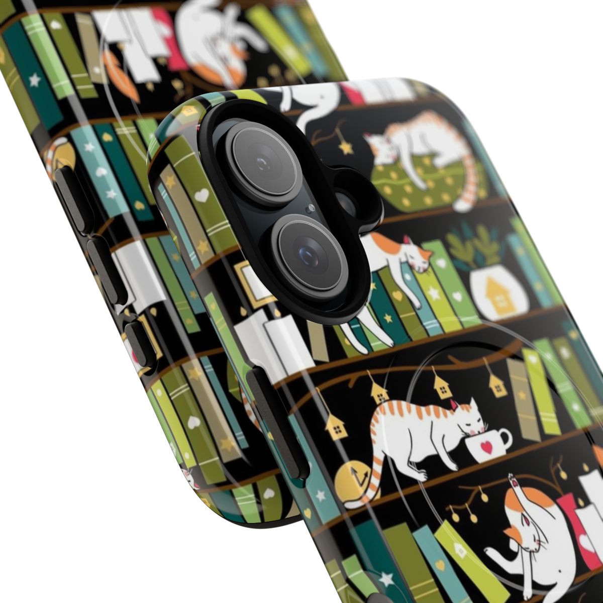 Whimsical cat illustration on a magnetic, tough phone case with bookshelf design - Detail