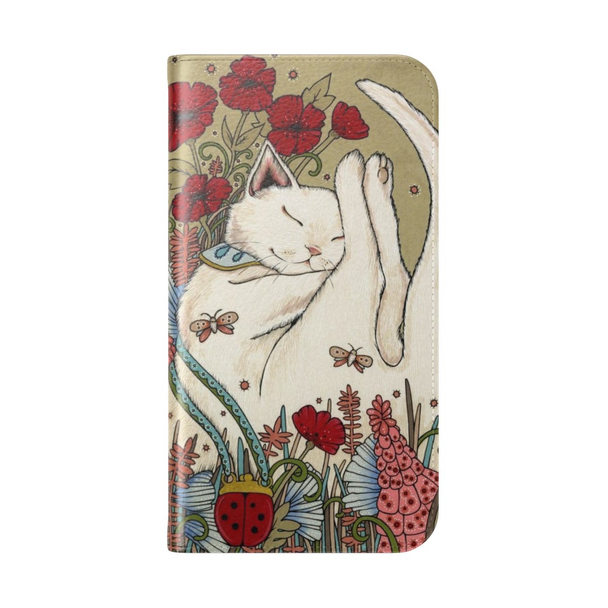 Flip cover phone case with a vibrant poppy and ladybug design - Folded Back