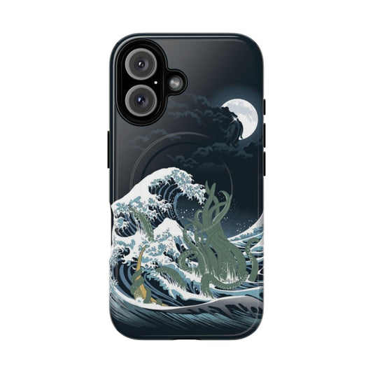 A tough, magnetic phone case featuring a Cthulhu-inspired design with tentacles, waves, and Japanese elements.