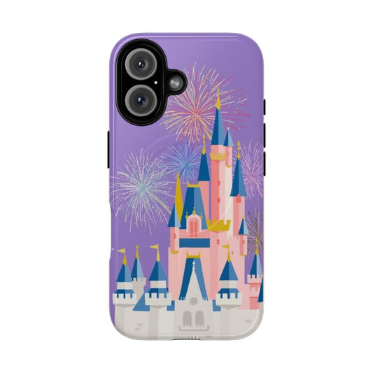 A whimsical phone case featuring a magical fairy tale castle with sparkling fireworks