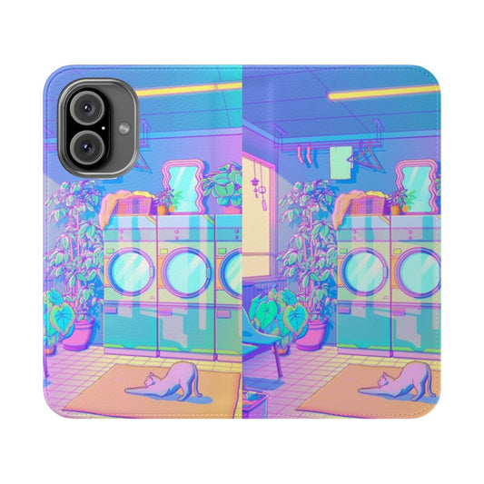 A blue and pastel-toned flip cover phone case featuring a cat and cityscape design, perfect for fans of Japanese pop culture and kawaii aesthetics.