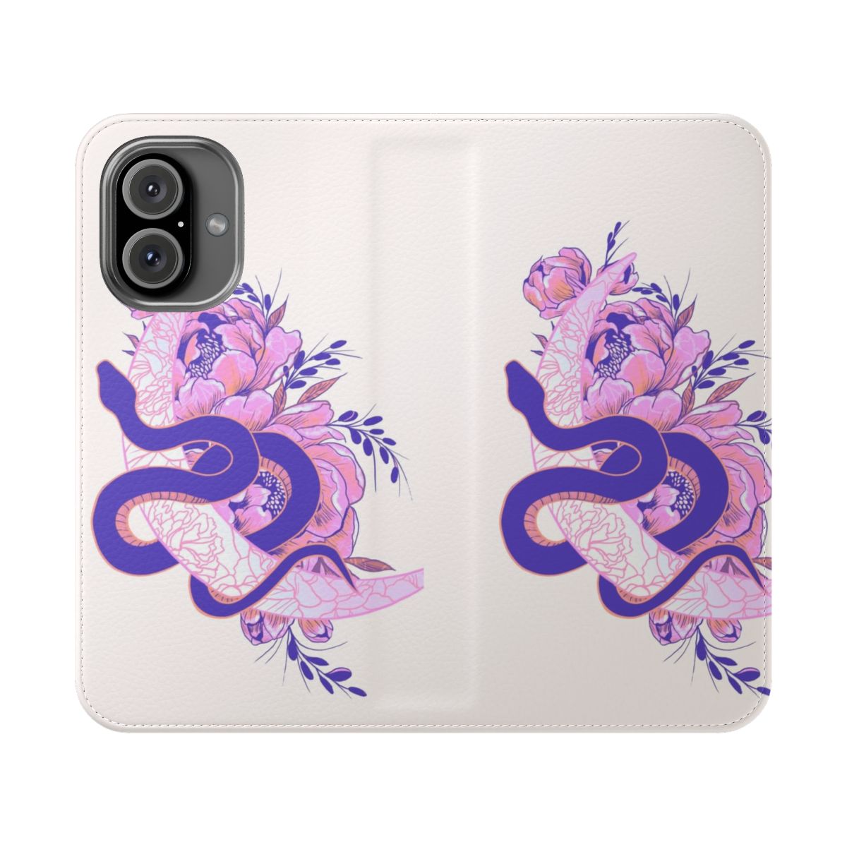 Pastel pink phone case with dark floral and moon snake design