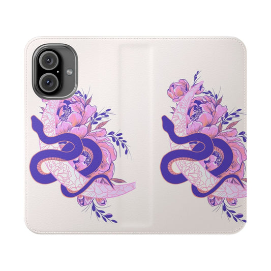 Pastel pink phone case with dark floral and moon snake design