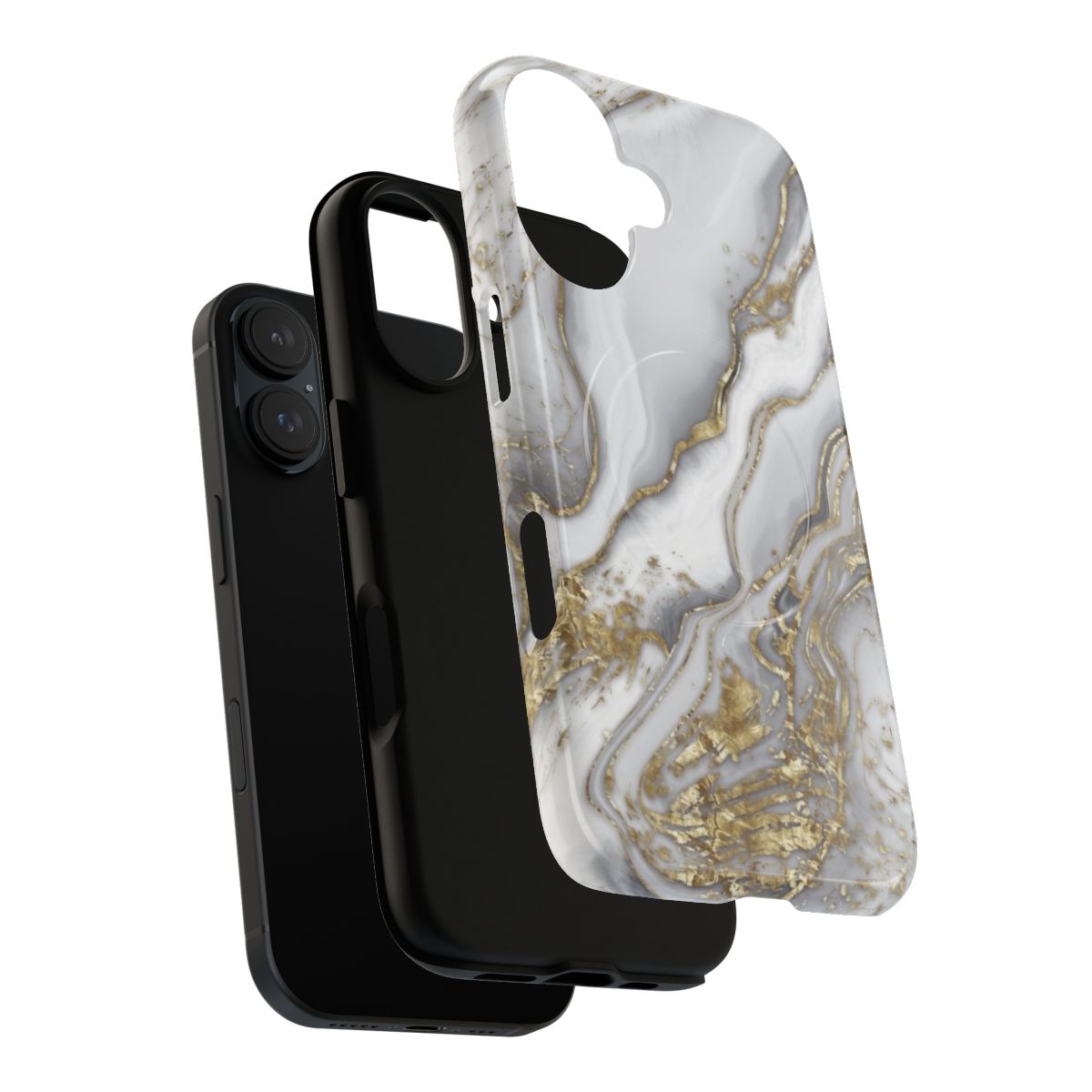 Stunning liquid marble phone case with a pearl and gold design, featuring a magnetic closure for added protection. - Layers