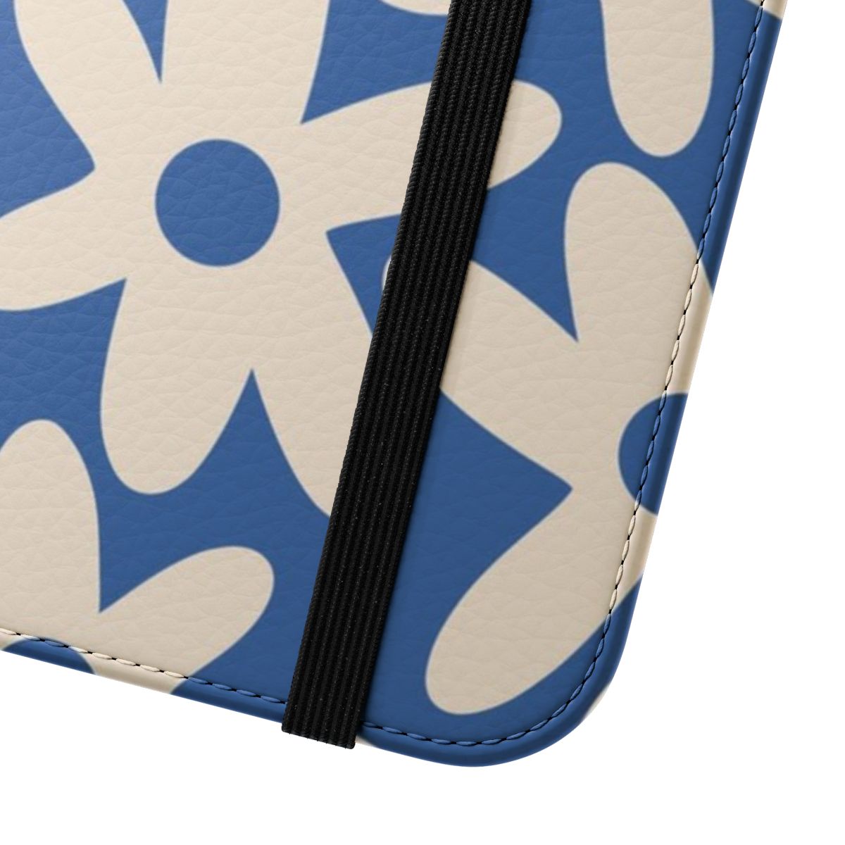 Retro floral pattern phone case in a soft blue color with a cheerful, whimsical design. - Close Up