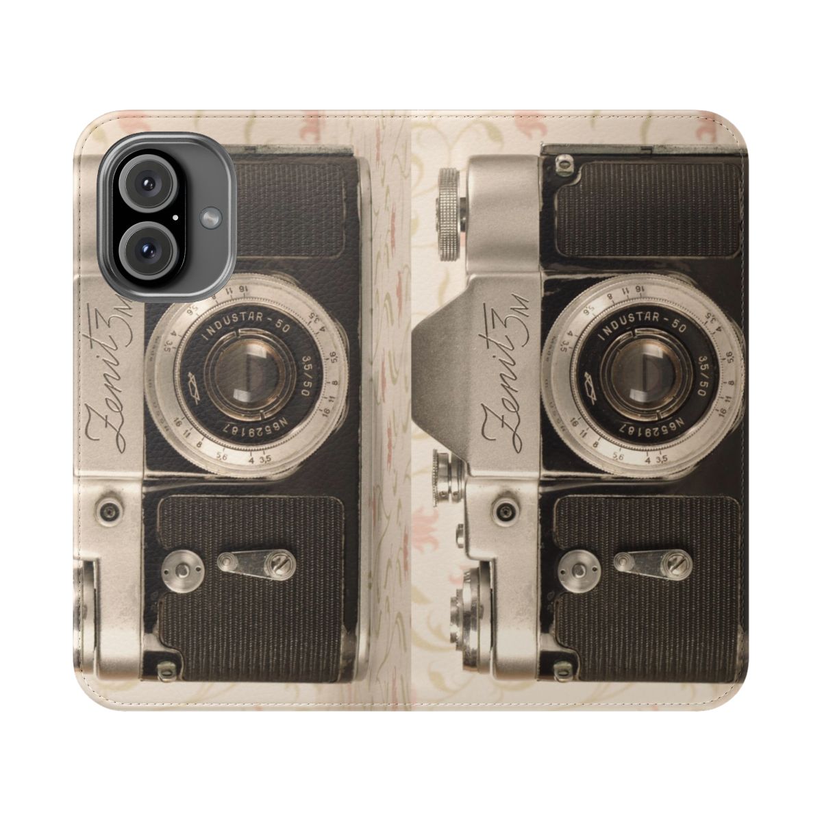 Vintage-inspired flip phone case with a camera design and retro colors