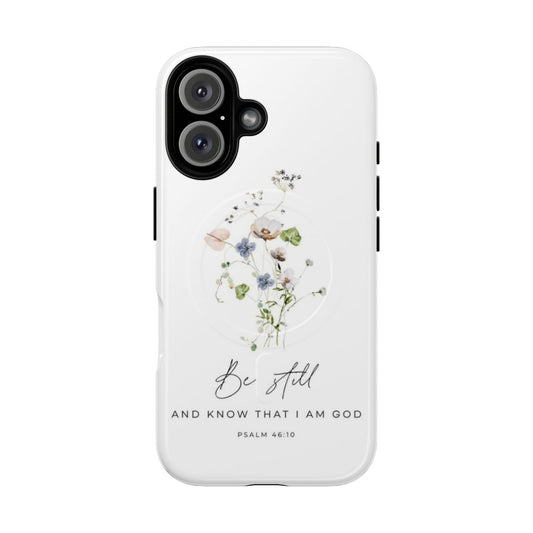 Floral phone case with 'Be Still Psalm 46:10' Bible verse design