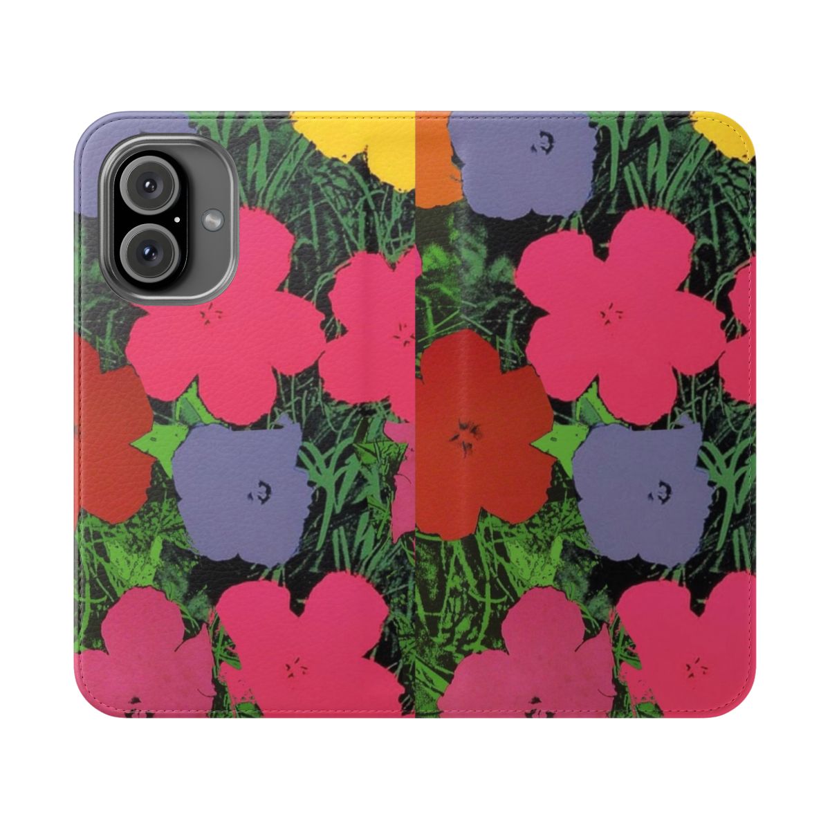 Vibrant and colorful phone case featuring a floral design inspired by the iconic pop art of Andy Warhol.