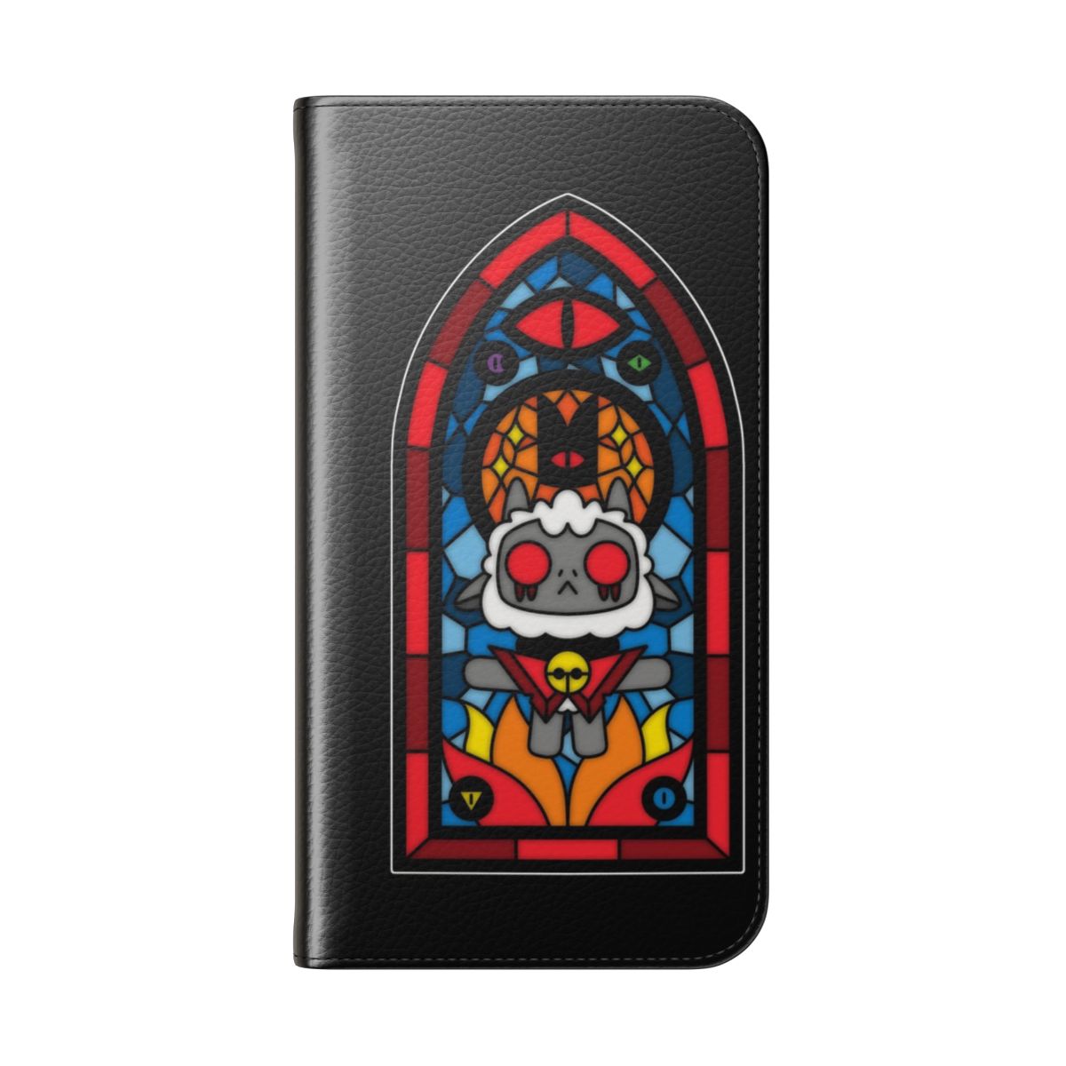 A flip phone case featuring a stained glass-style design with a cute lamb illustration. - Folded Back