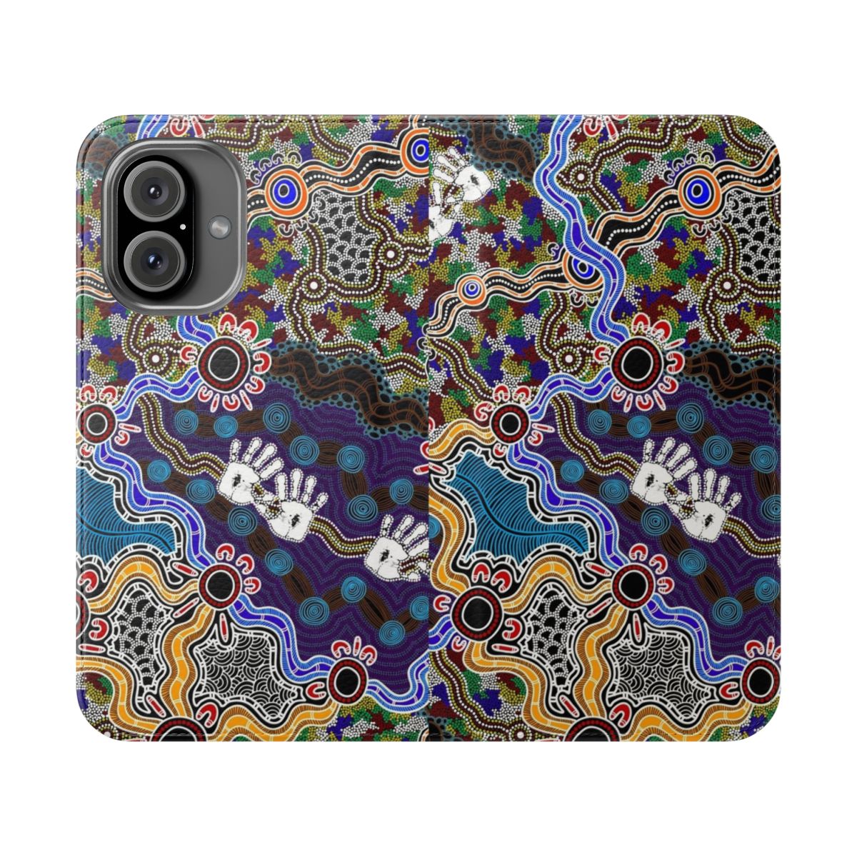 Aboriginal-inspired dreamtime art design on a flip cover phone case