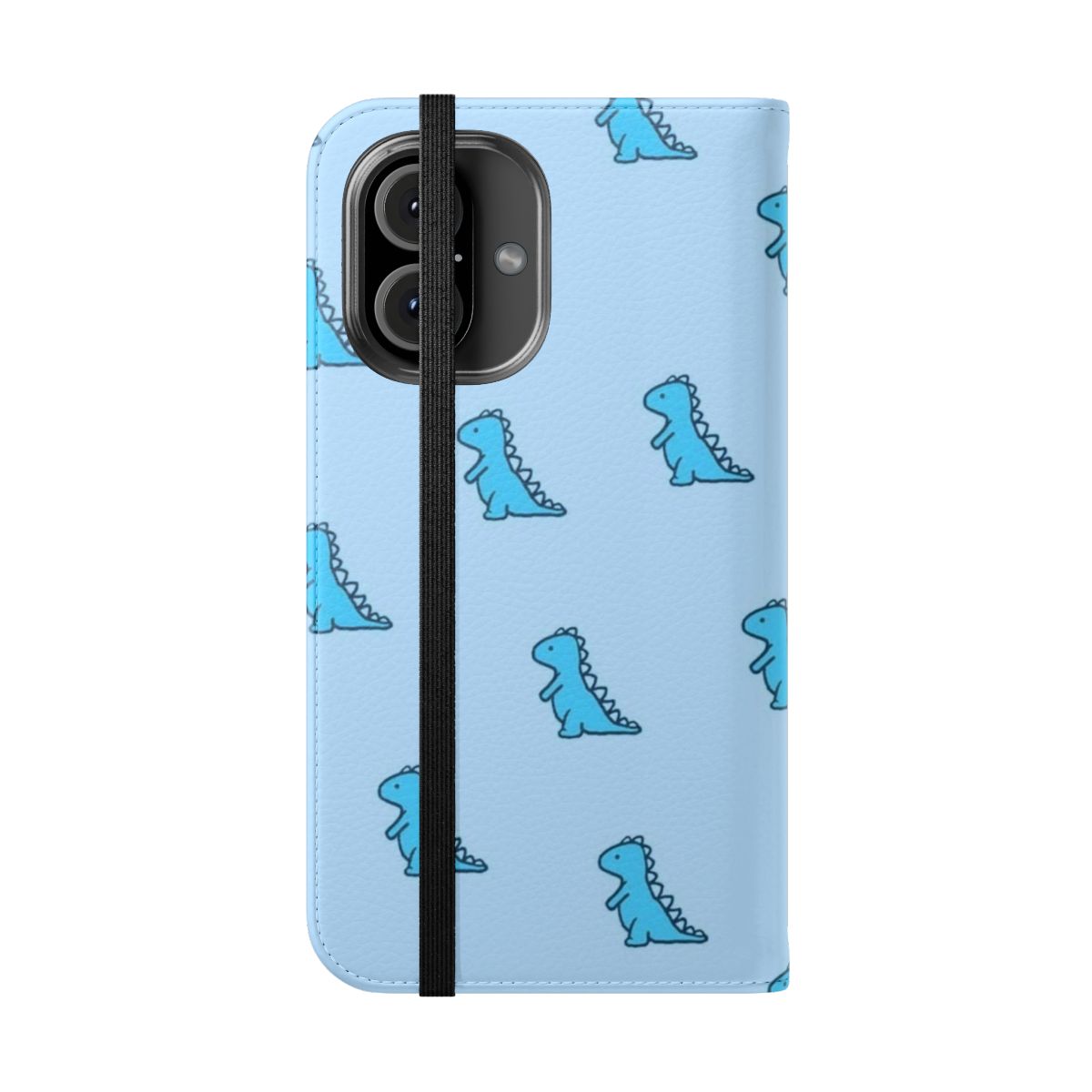 Blue dinosaur print flip cover phone case with a cute, spiky design - Folded Front