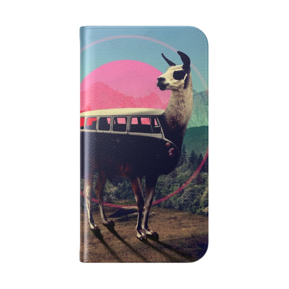 Vibrant llama-themed phone case with a collage design featuring a llama, van, and other graphic elements - Folded Back