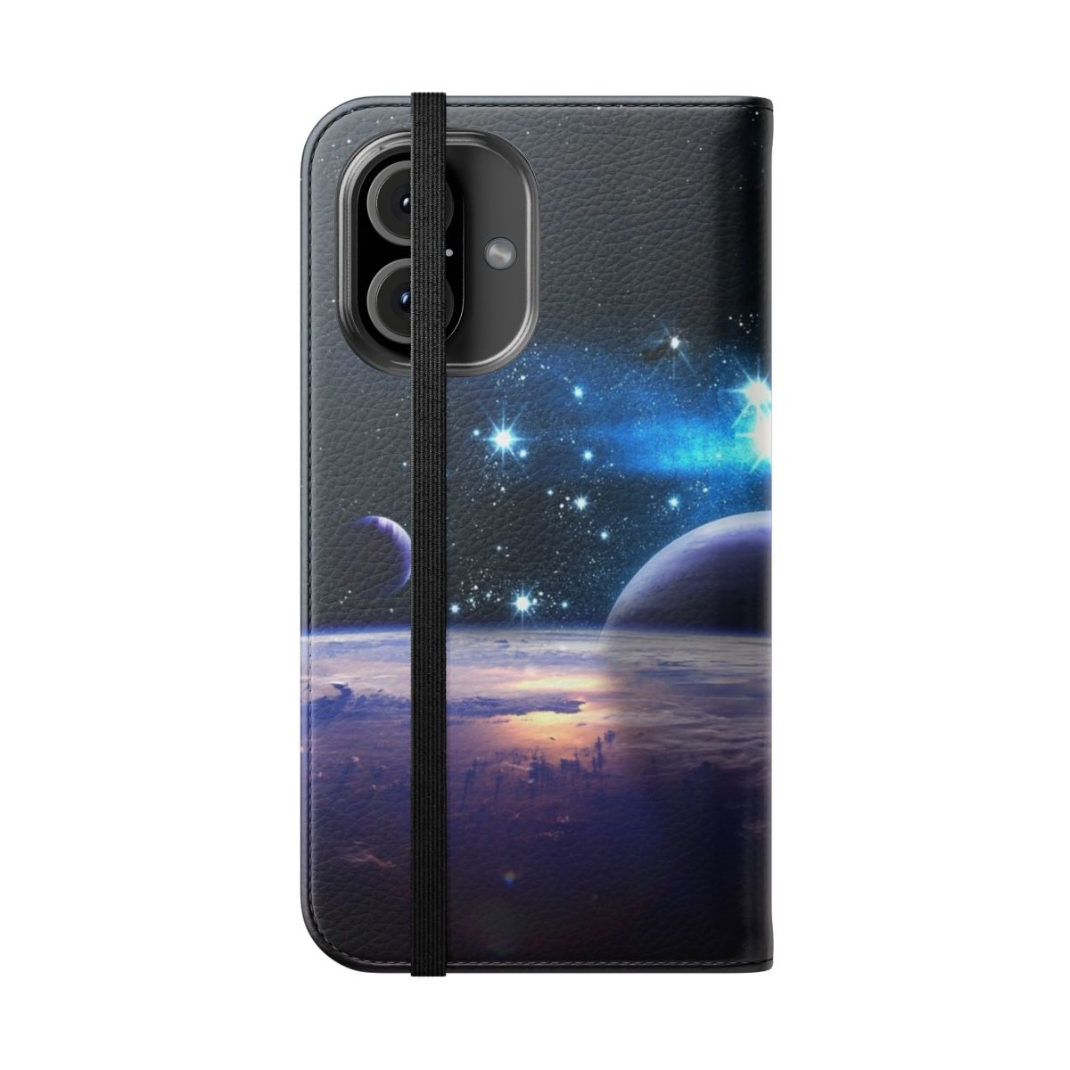 Flip phone case with illustrations of planets in the solar system - Folded Front