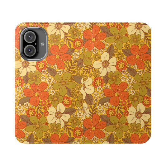 Vintage-inspired orange and olive green floral design phone case