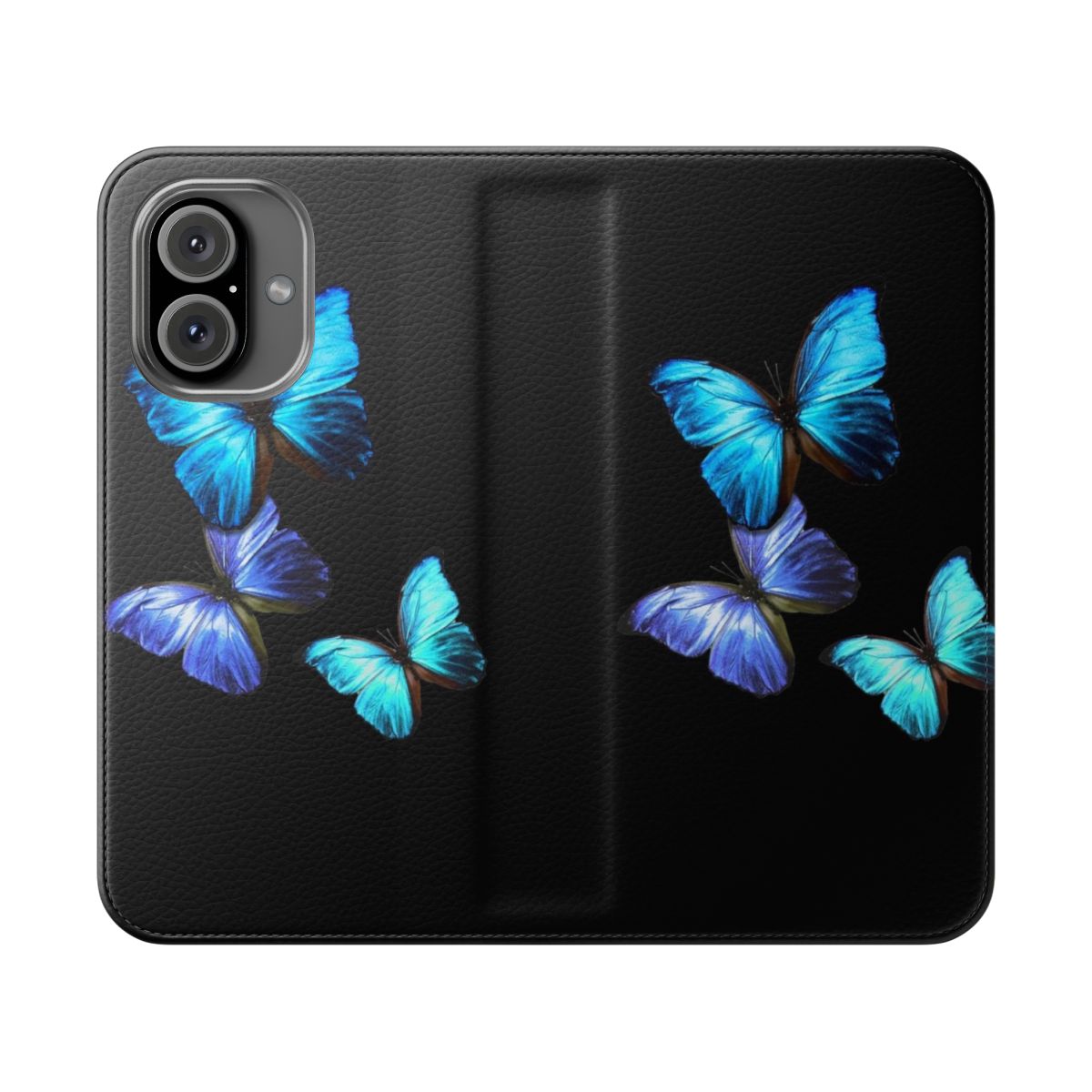 Blue butterfly pattern printed on a flip cover phone case