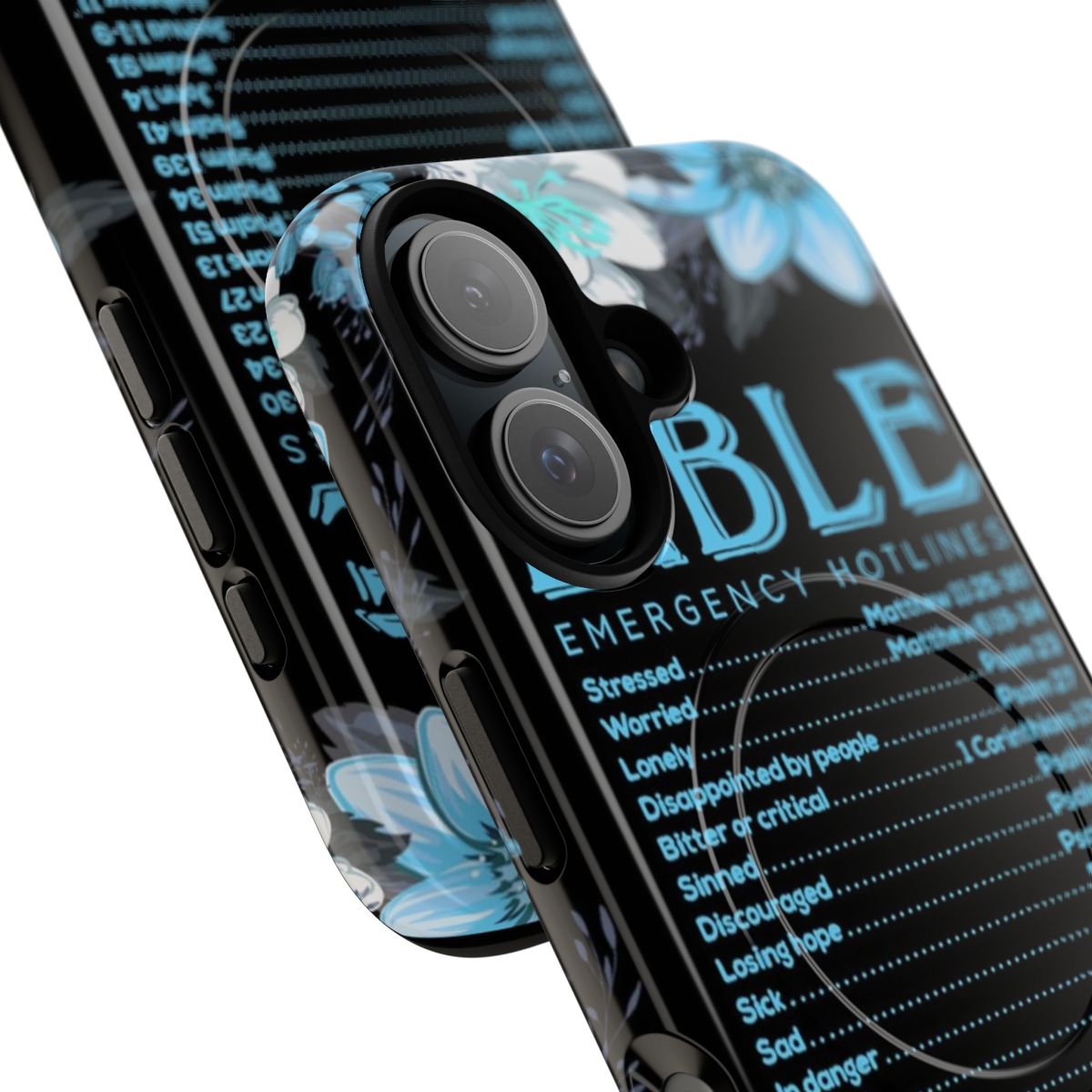 Magnetic tough phone case featuring bible emergency numbers design - Detail