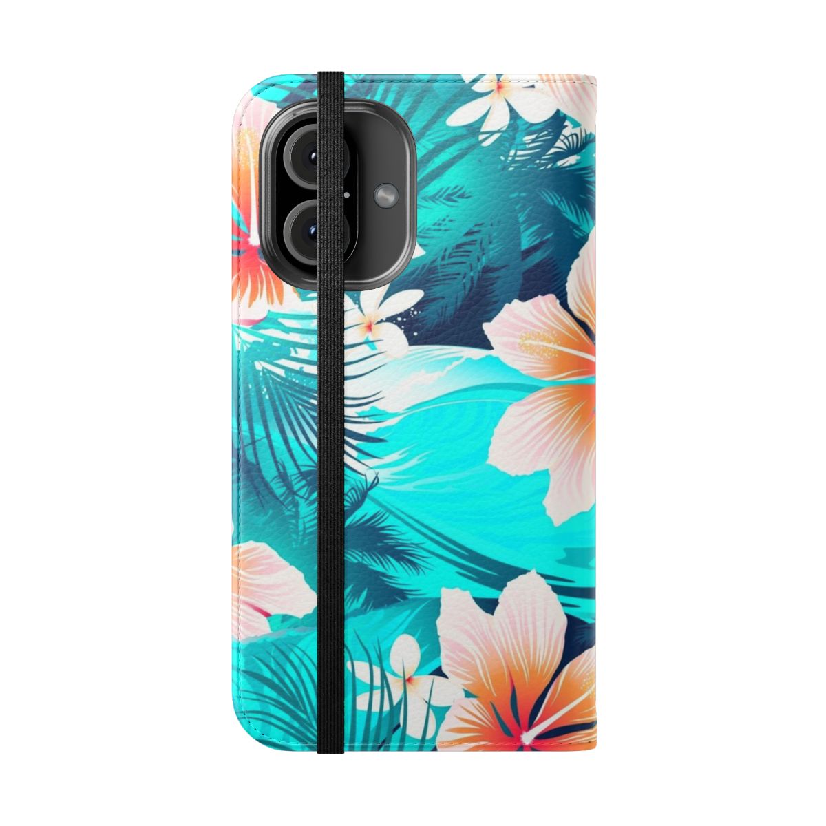 Closeup of a tropical floral phone case with hibiscus flowers and abstract palm leaves. - Folded Front