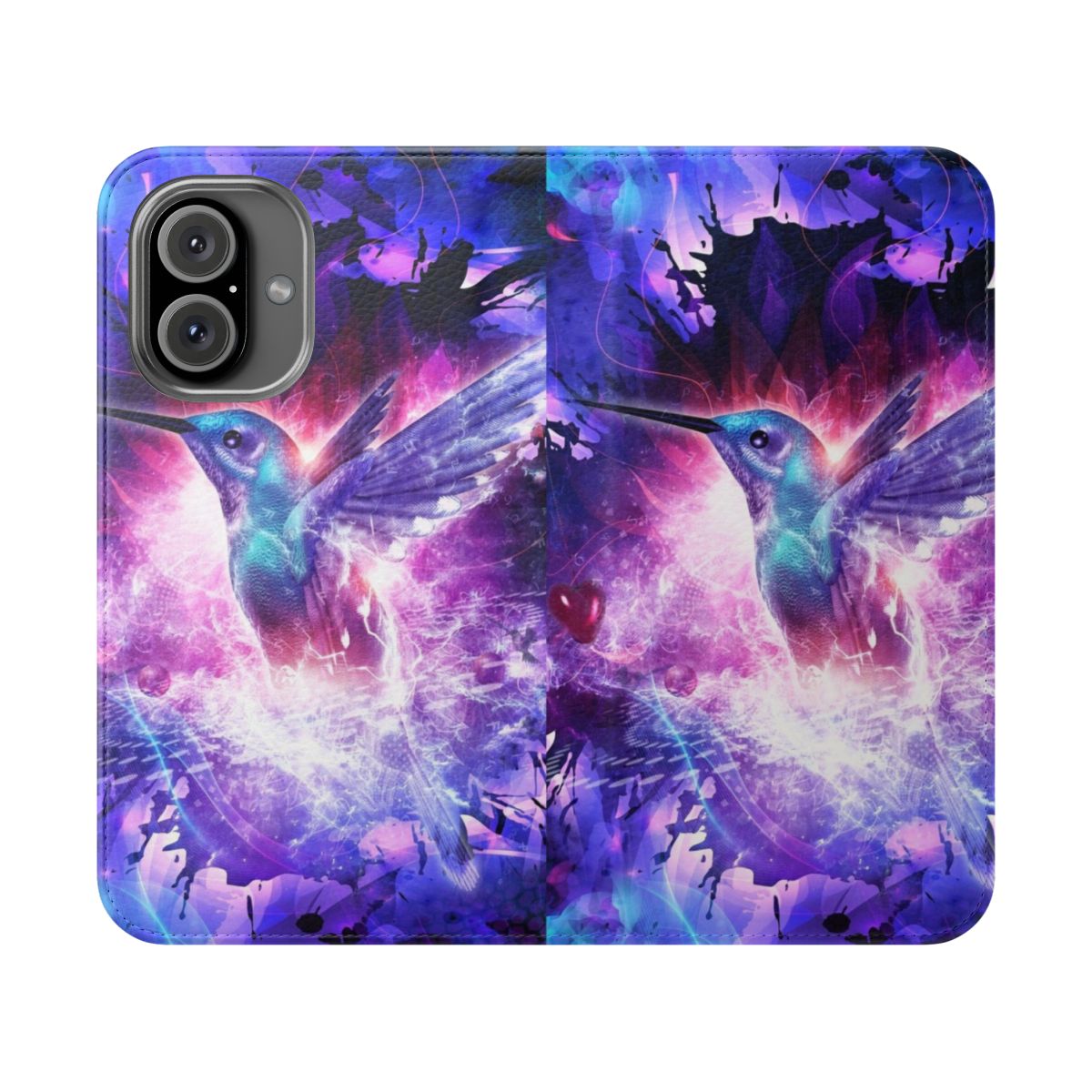 Colorful abstract phone case featuring a vibrant hummingbird design in a cosmic, nature-inspired style.