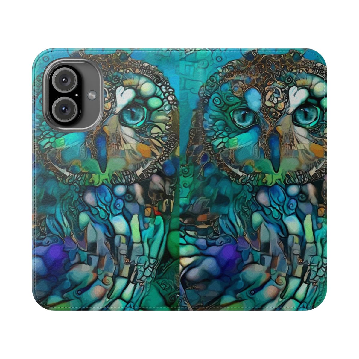 A stylish phone case featuring a vibrant green night owl painting by artist Lea Roche.