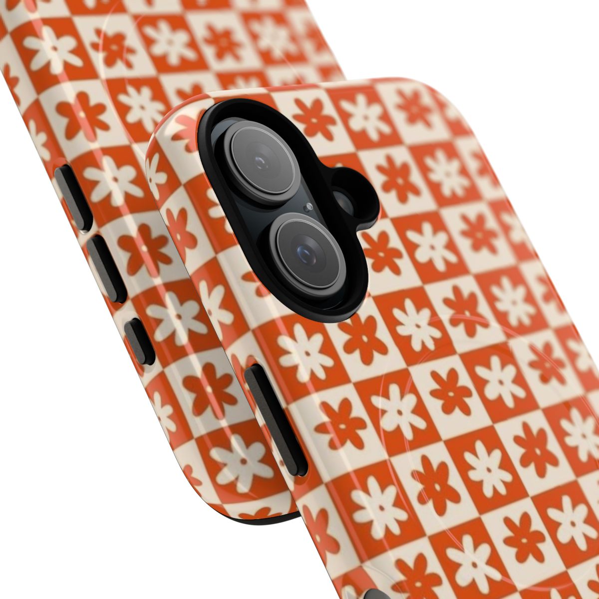 Orange floral phone case with magnetic closure, inspired by botanicals - Detail