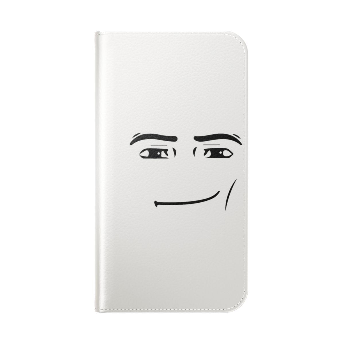 Flip cover phone case featuring a random, meme-inspired face design - Folded Back